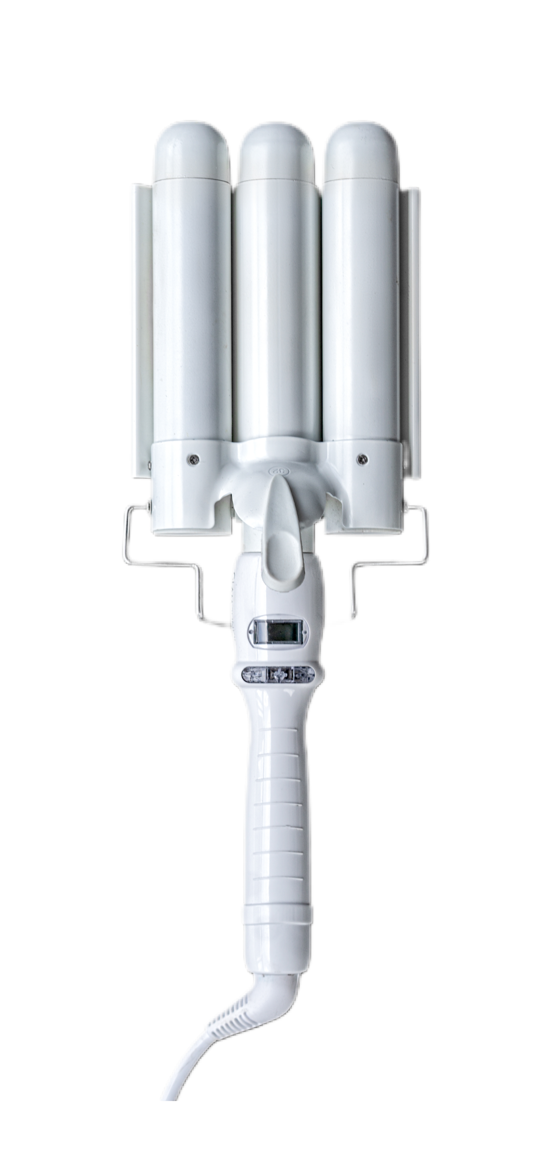 A white triple-barrel hair waver tool with a digital display and a power cord.